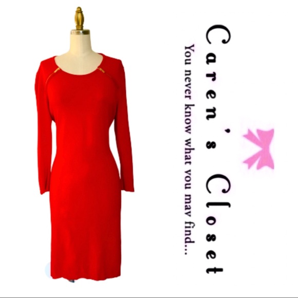 Calvin Klein Gold Zipper Red Sweater Dress - Picture 2 of 5